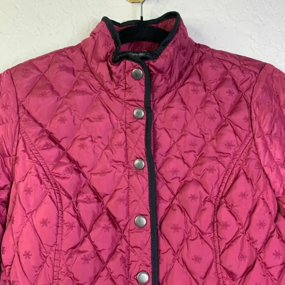 EDDIE BAUER Jacket Barn Coat Goose Down Quilted Snap Closure Zip Pockets Fushia‎